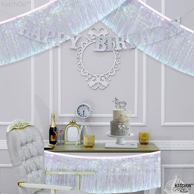 KatchOn, White Iridescent Fringe Banner - 6.5 Feet, Pack of 2 | Iridescent Fringe Garland for Bachelorette Party Decorations | Iridescent Tinsel Garland for Halloween Decor, Christmas Decorations