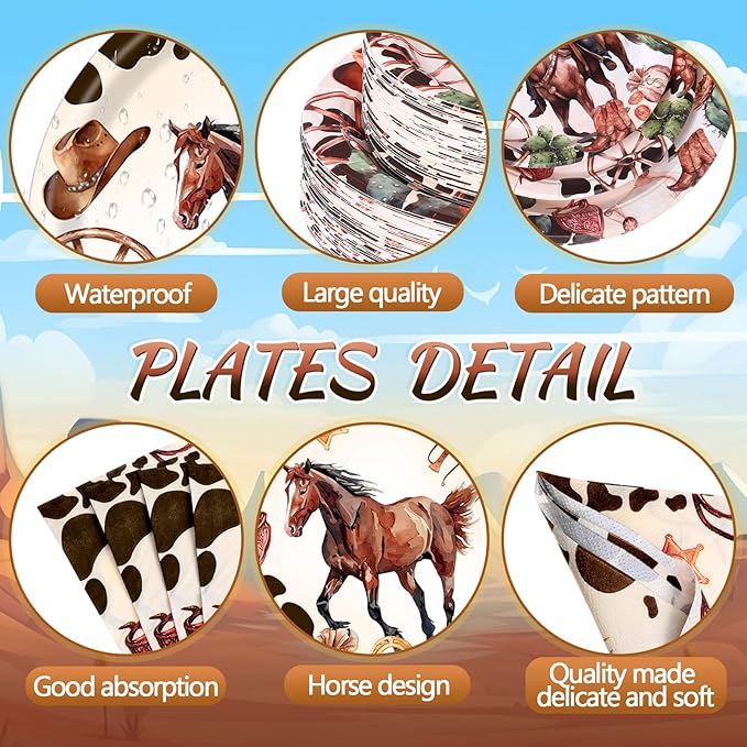 452 Pcs Western Birthday Party Decorations for 50, Western Cowboy Paper Plates Cups Napkins Tablecloth Cutlery Straws Cowboy Tableware for Wild West Horse Rodeo Birthday Party Supplies