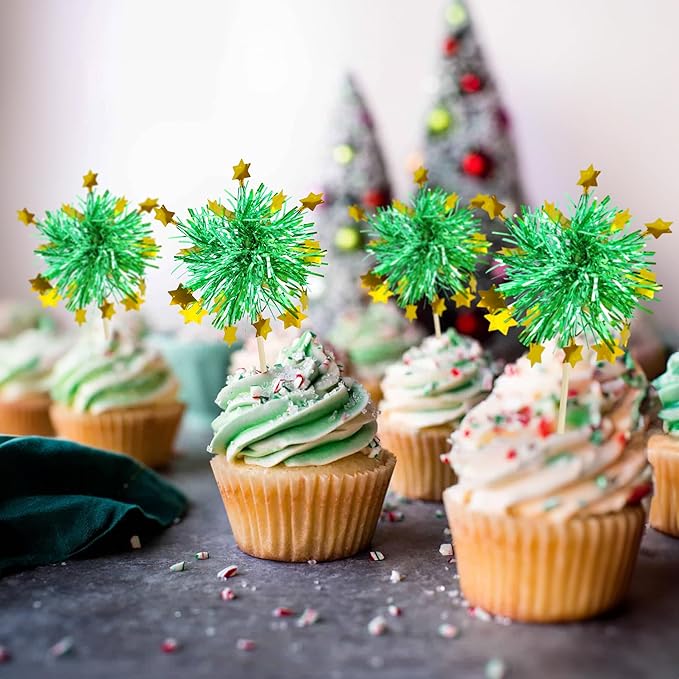 Ephlyn 30Pcs Foil Firework Cupcake Toppers Happy Birthday Cake Toppers Tinsel Flower Drink Stirrers Cocktail Food Fruit Toothpicks for Valentine's Day Party Decorations Green