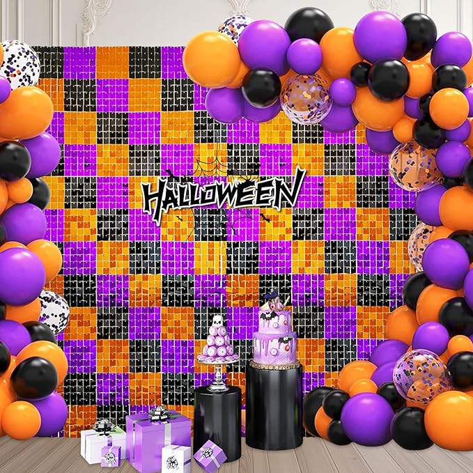 12PCS Black Orange Purple Shimmer Wall Backdrop, Laser Square Sequin Photo Backdrops Panel, Glitter Wall Background for Birthdays, Weddings, Halloween Party Decor (3FTx4FT)