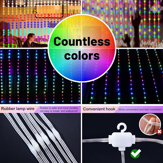 HXWEIYE 300LED Fairy Curtain Lights, 9.8x9.8Ft USB Plug-in 8 Modes Christmas String Hanging Lights with Remote for Bedroom Backdrop Wedding Party Indoor Wall Decor, RGB Custom Color Changing
