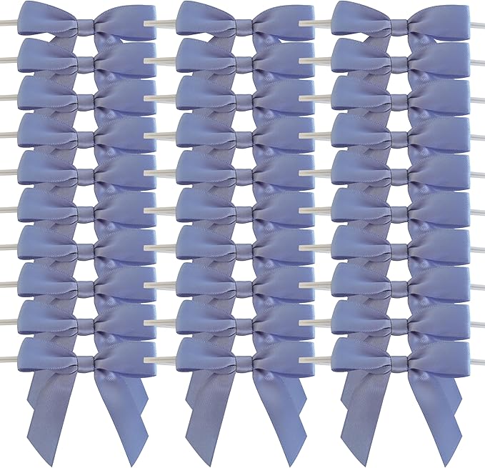 50pcs 2-1/2" Smog Blue Satin Ribbon Bows with Twist Ties Smog Satin Ribbon Bows for Candy Party Decoration Gift Packing Wrapping Accessories(2.5”,Airy Blue)