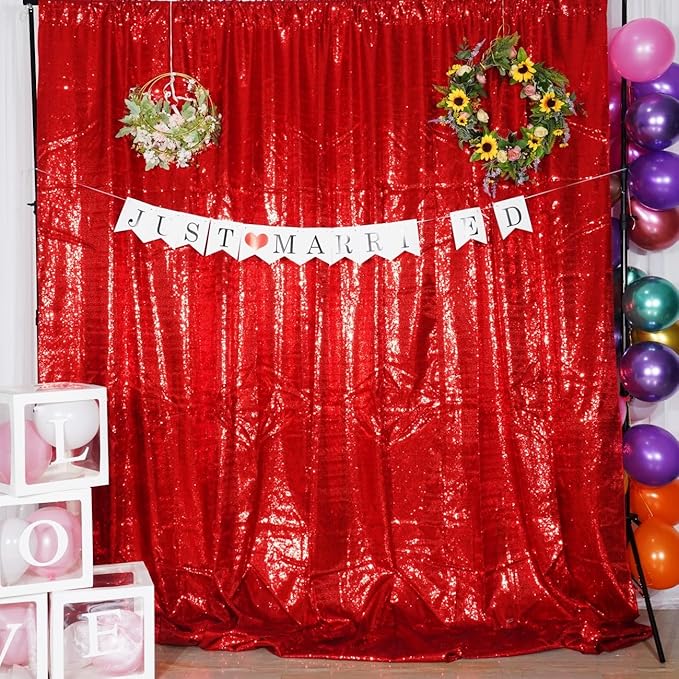 Poise3EHome 7Ft x 7Ft Red Sequin Backdrop, Glitter Thick Satin Sequin Background Drapes, Sparkly Opaque Photography Curtain Backdrop for Wedding Party Holiday Festival Decor