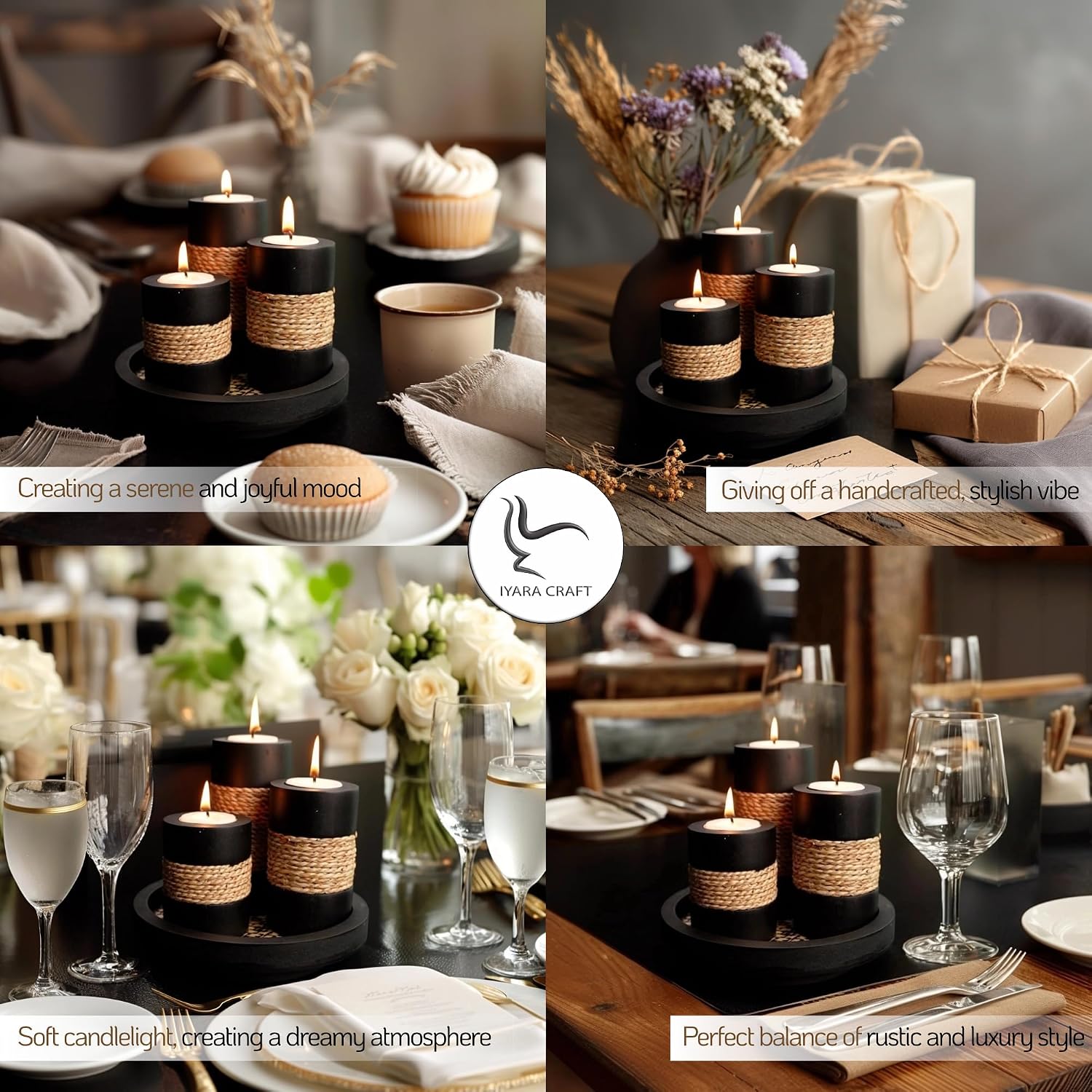 IYARA CRAFT Candleholder Set with Tray, Set of 3 Rustic Black Wooden Tealight Candle Holders with Natural Rope Accent, Coffee Table Centerpiece, Farmhouse Home Decor, Housewarming