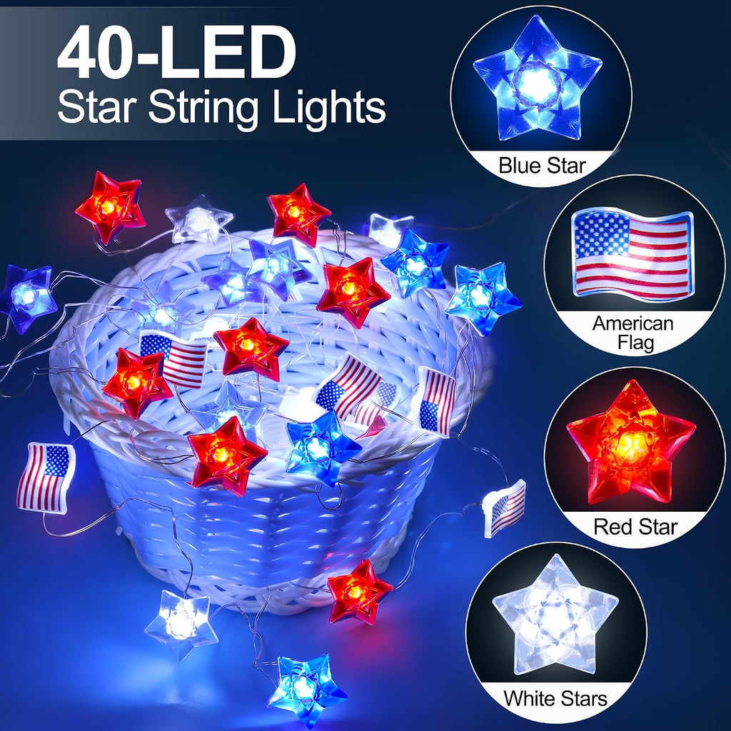 15FT 40 LEDs 4th of July Decorations String Lights Battery Operated, Red White and Blue Star American Flag Fourth of July Lights for Independence Day Memorial Day Patriotic Home Table Party Decor