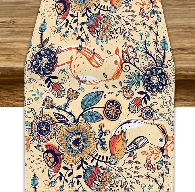 Vintage Paisley Table Runner, Boho Beige Paisley Flower Leaves Print Table Runner for Home Party Patio Indoor Outdoor, 13x90inch