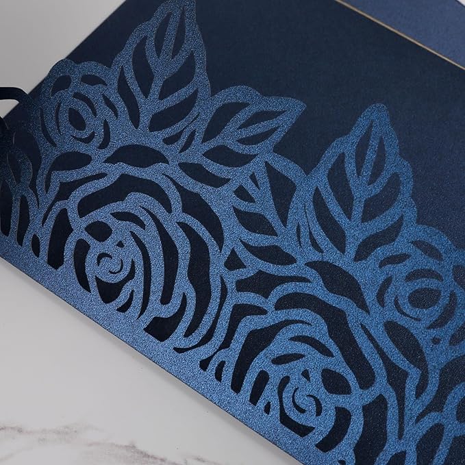 50pcs 250GSM Tri-Fold Wedding Invitations with Envelopes and RSVP Cards Laser Cut Hollow Wedding Invitation Kit for Wedding Engagement Bridal Shower Party Invite 5X7 Inch Navy Blue