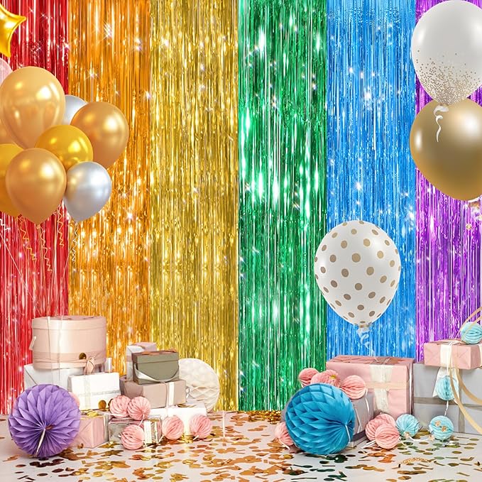 2Pack Rainbow Foil Fringe Curtains Backdrop Decorations, Rainbow Metallic Tinsel Foil Streamers Curtain Photo Booth Background for Birthday Wedding Engagement Bridal Shower Unicorn Party Decorations