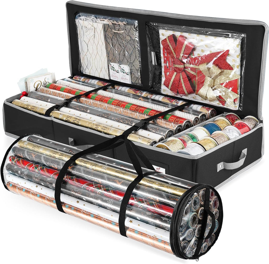 Hearth & Harbor Wrapping Paper Storage Container and Clear Wrap Paper Holder - Christmas Storage Bag with Interior Pockets - Fits Up to 36 Rolls of 40" - Tear Proof, Black