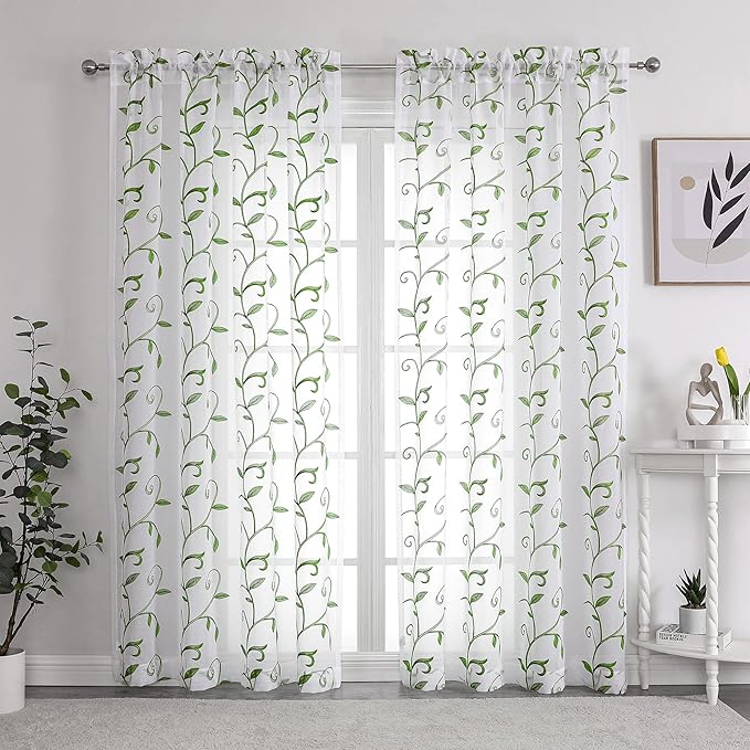 VISIONTEX Embroidered Green Sheer Voile Curtains, Leaves Embroidery Faux Linen Rod Pocket Window Drapes for Living Room and Girls Bedroom 54 x 95 Inch, Set of 2 Curtain Panels