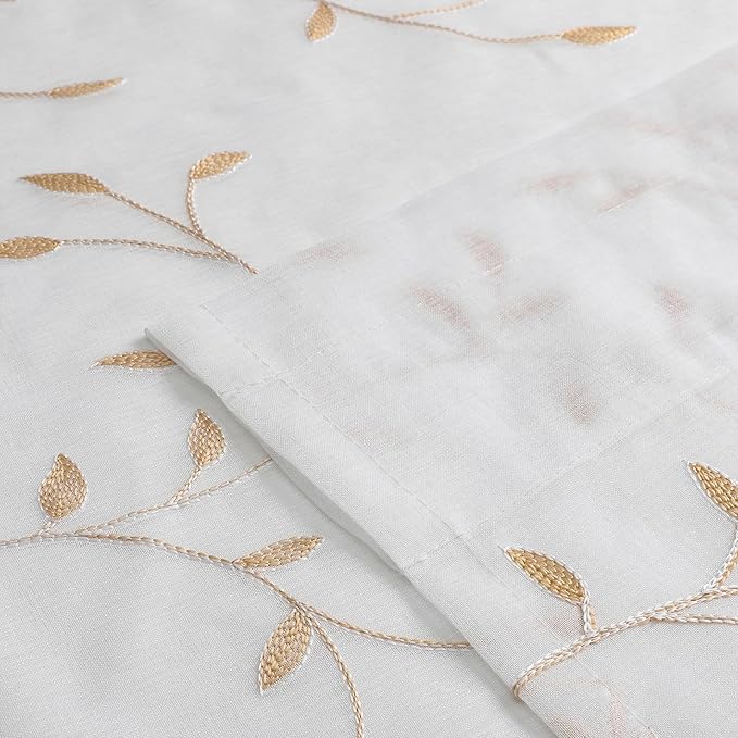 VISIONTEX White Sheer Voile Curtains, Decorative Orange Leaves Embroidery Faux Linen Rod Pocket Window Drapes for Home Kitchen, Living Room and Bedroom 54 x 54 Inch, Set of 2 Curtain Panels