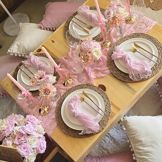 3 Pack Light Pink Cheesecloth Table Runner Gauze Table Runner Rustic Sheer Cheese Cloth 10Ft for Wedding Baby Shower Bridal Shower Sheer Boho Fall Thanksgiving Home Decor