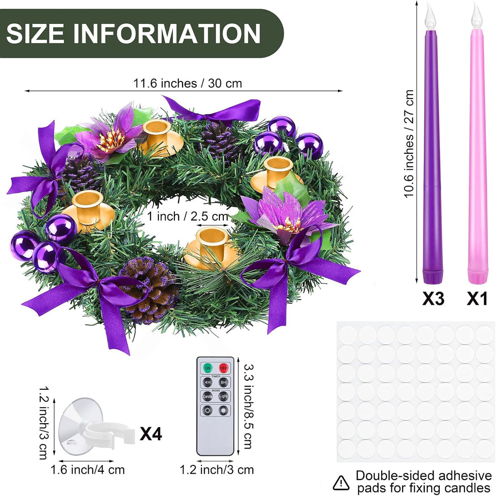 Fovths 12 Inch Christmas Advent Wreath Advent Candle Holder with 4 Flameless Taper Candles Remote Control Christmas Centerpiece Decorations for Christmas Home Church, Purple