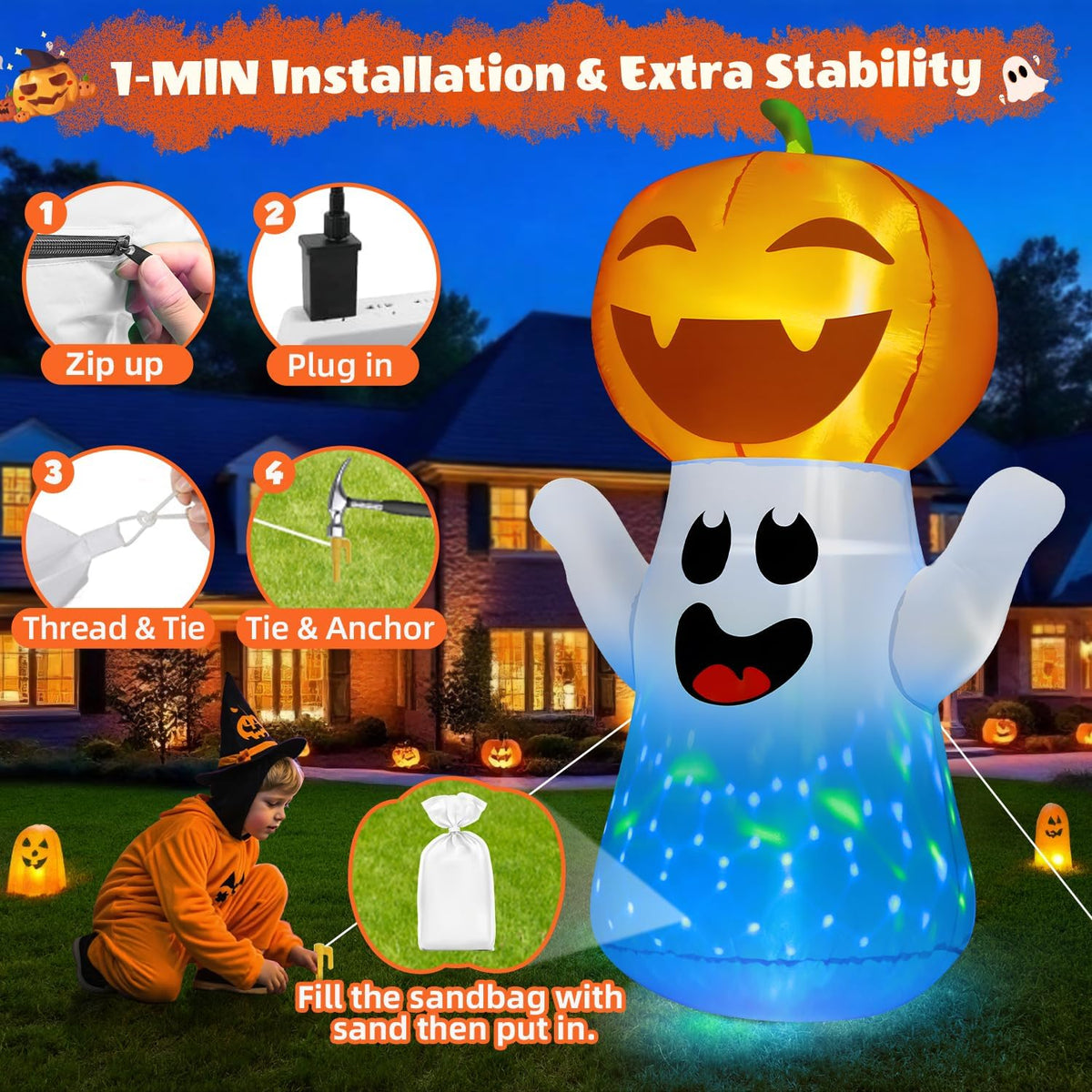 zukakii 5FT Halloween Inflatables Pumpkin Ghost Built-in 3-Pattern Colorful F...