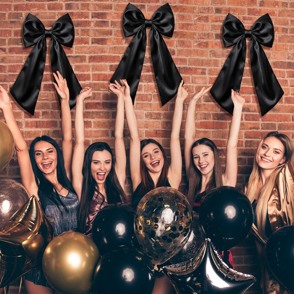 Suncalla 3 Pcs Large Black Bow Decor - 24 x 12 in Big Satin Bows Hanging Wall Decors for Crib Skirt Nursery Bedding Wedding Room Birthday Bridal Shower Christmas Fireplace Party Supplies