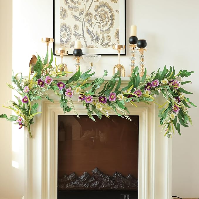 Mizii Purple Artificial Flower Garland 6FT Fake Poppy Floral Garland Hanging Vines Spring Summer Flowers Decorations for Mantle Table Centerpieces Room Wall Fireplace Wedding Decor (Purple)