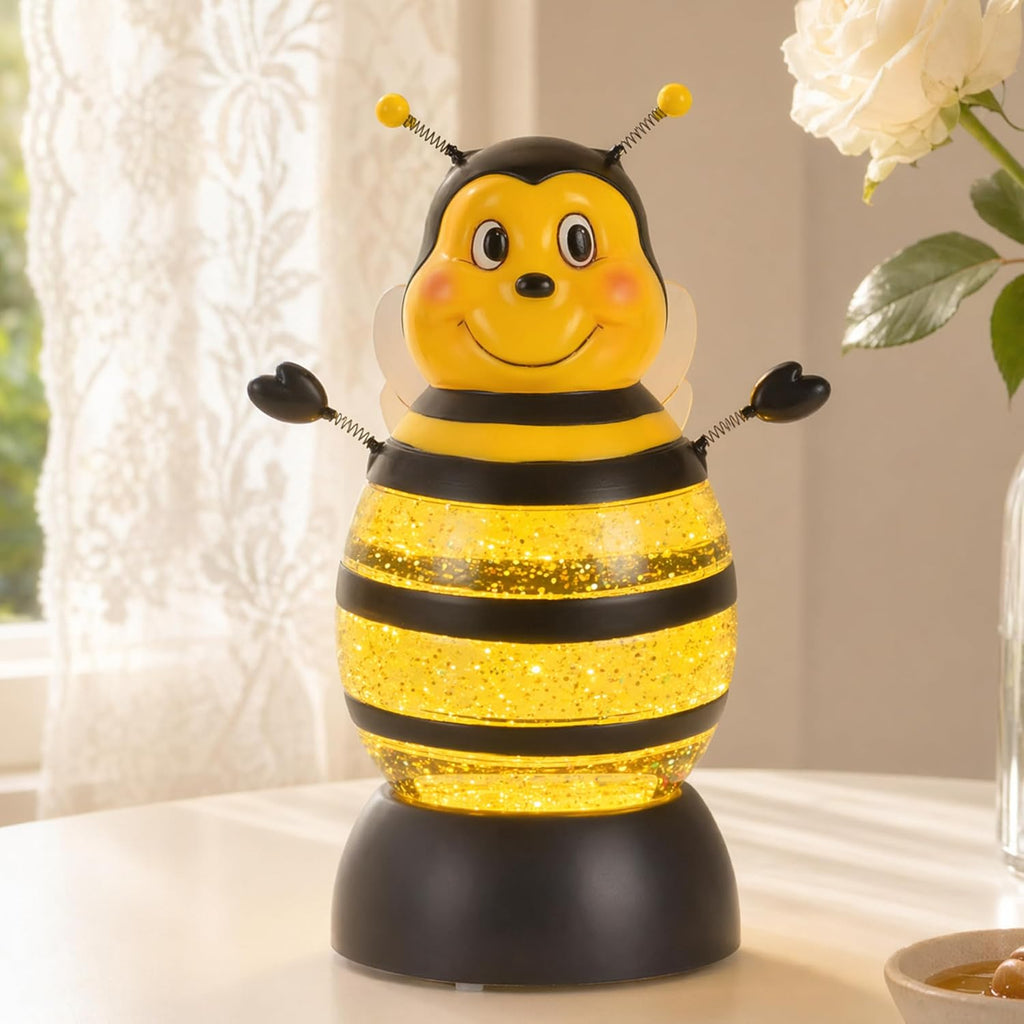 Summer Bee Snow Globe Decor with 6H Timer, Swirling Glitter Bee Snowglobe Spring and Summer Figurine Decorations, USB/Battery Operated, for World Bee Day Spring Holiday Home Decor and Gift