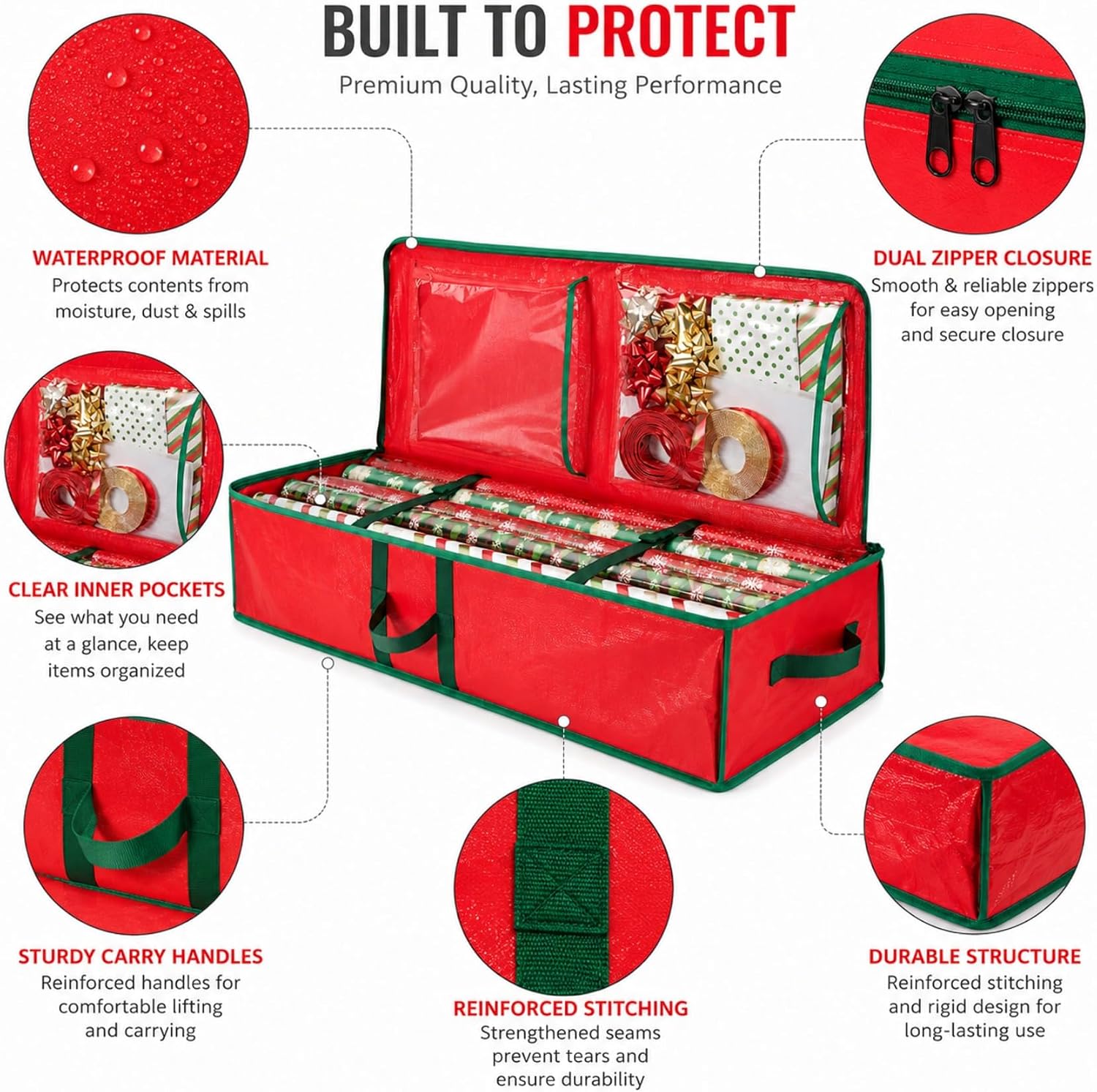 Gift Wrapping Paper Organizer Storage Bag, Wrapping Paper Storage Container Fits Up to 24 Rolls, Waterproof Holiday Gift Wrap Holder with Interior Pockets for Bows, Ribbons & Tags(104×36×16cm) (Red)