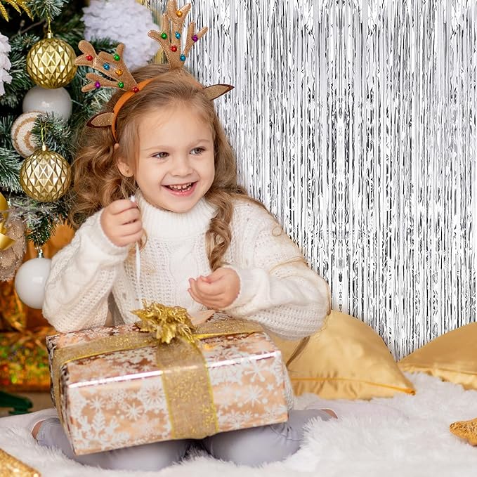 5 Pack Silver Foil Curtain Backdrop 3.2ft x 9.8ft Metallic Tinsel Foil Fringe Curtains Streamer Photo Booth Backdrop for Birthday Party Engagement Bachelorette Party Decorations (Silver)