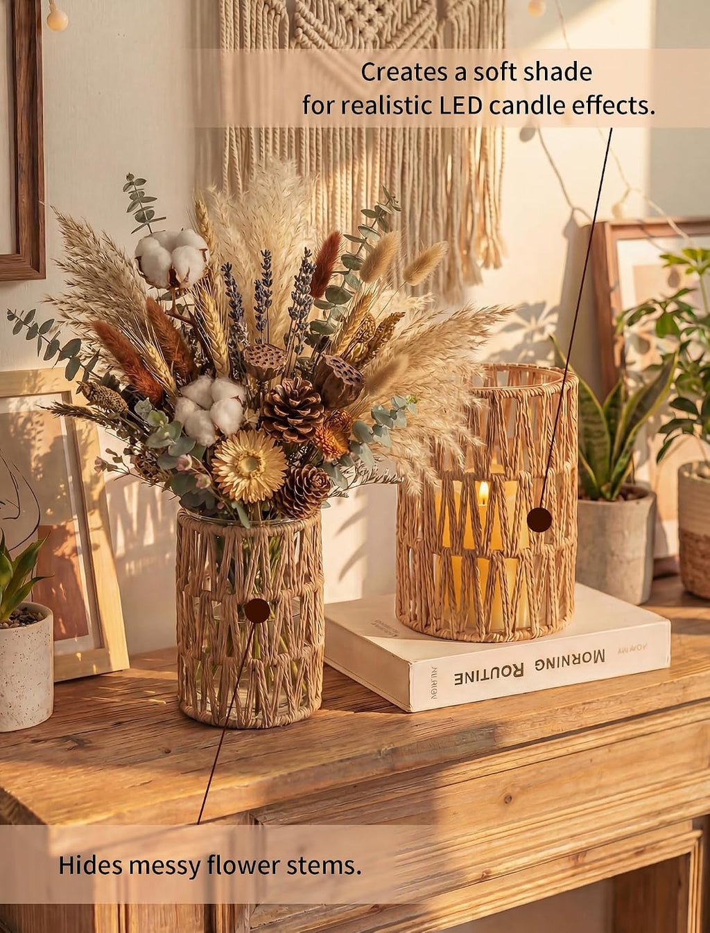 NUPTIO Rattan Boho Hurricane Lanterns: Set of 2 Pillar Candle Holders with Glass Cylinders- Farmhouse Vases for Home Coffee Table Centerpieces Decor