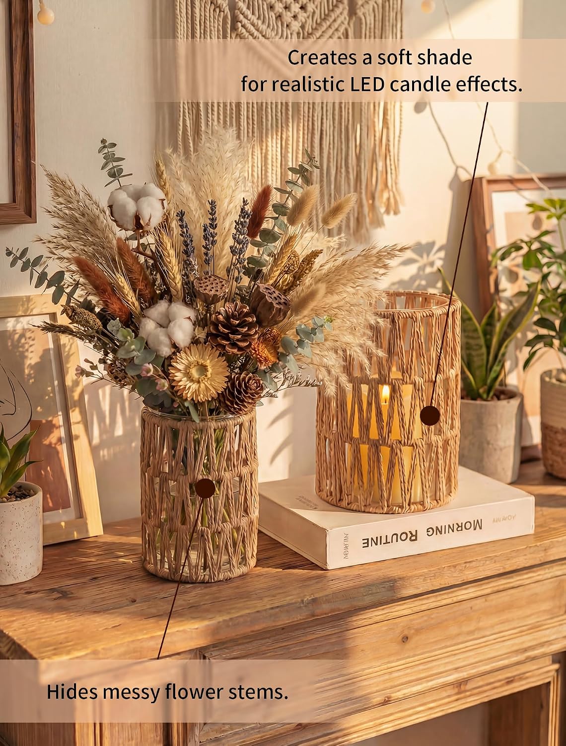 NUPTIO Rattan Boho Hurricane Lanterns: Set of 2 Pillar Candle Holders with Glass Cylinders- Farmhouse Vases for Home Coffee Table Centerpieces Decor