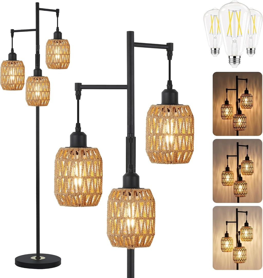boho rattan tree floor lamp, black dimmable standing, main product view