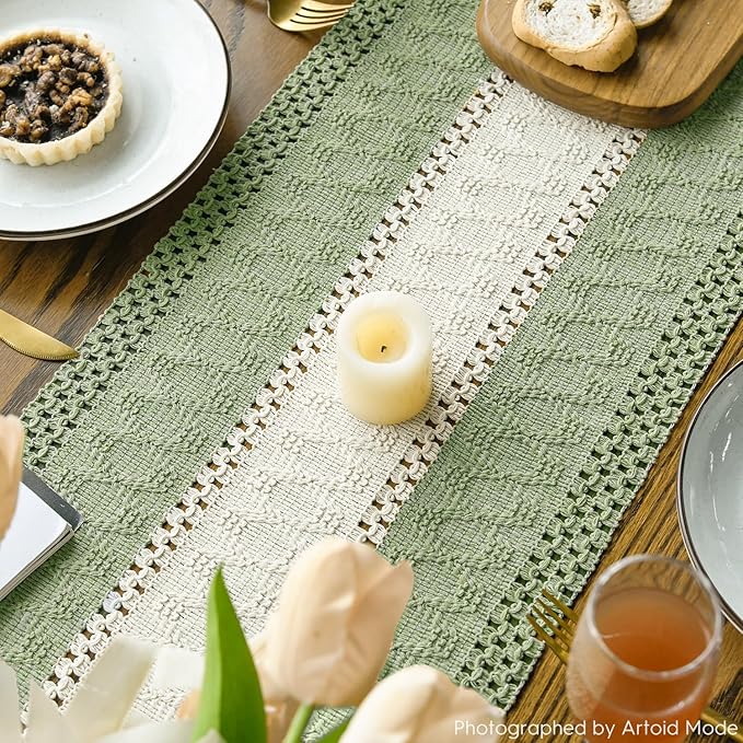 Artoid Mode Light Green Farmhouse Rustic Table Runner, Seasonal Hollow Kitchen Dining Table Decoration for Home Party Decor 12x108 Inch