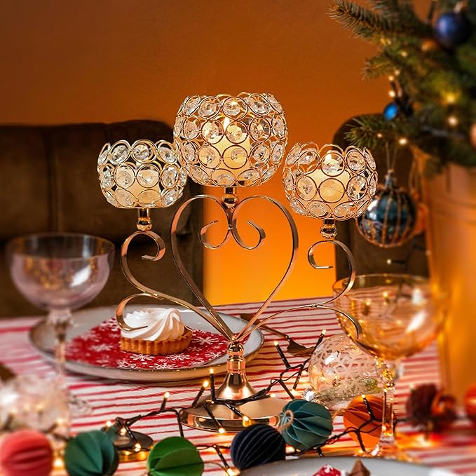 2 Pcs 3-Arm Heart Tea Light Candle Holder - Crystal & Metal Wedding Centerpiece Decor, Sparkling Table Decor for Anniversaries/Romantic Tabletop Home/Dinner Party/Events (2, Gold)