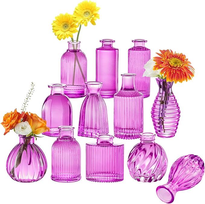 12PCS Hot Pink Vase for Flowers, Small Glass Bud Vases for Centerpieces Purple Flower Vase in Bulk for Home Office Decor