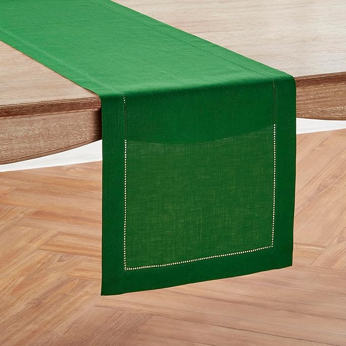 Solino Home Linen Garden Green Table Runner 132 Inches Long - 100% Pure Linen Extra Long Table Runner 14 x 132 Inch for Christmas - Classic Hemstitch