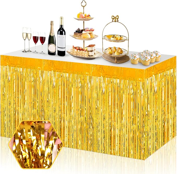 3 Pack 29x108 Inch Gold Foil Fringe Table Skirts Metallic Banner for Tinsel Streamer Garland Backdrop for Parade Floats Wedding Thanksgiving Birthday Christmas Halloween Party Decoration