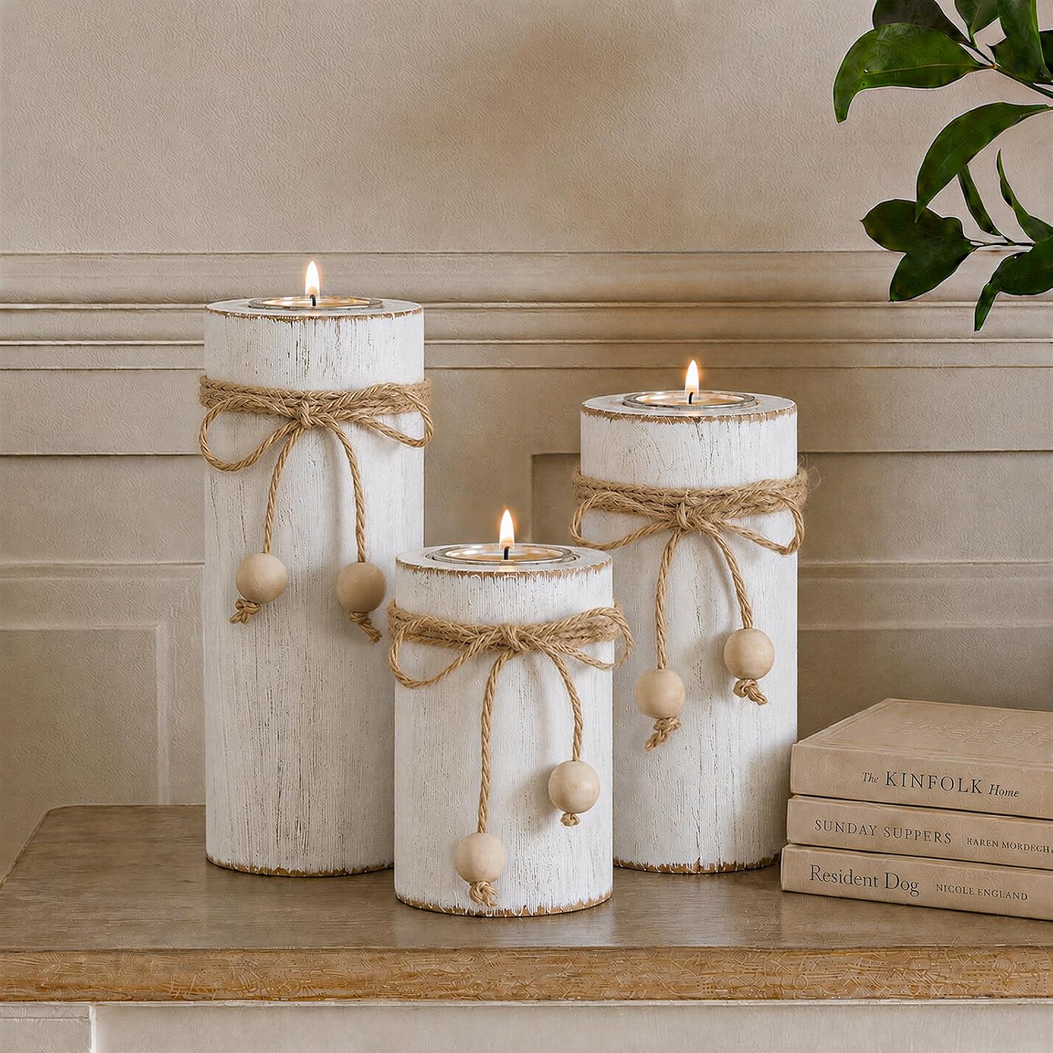 White Wooden Candle Holder with Flameless LED Candles Farmhouse Decor 3p | Farmhouse Centerpieces for Table 3-Pack With Battery Operated for Candles Holiday Party Home Decor