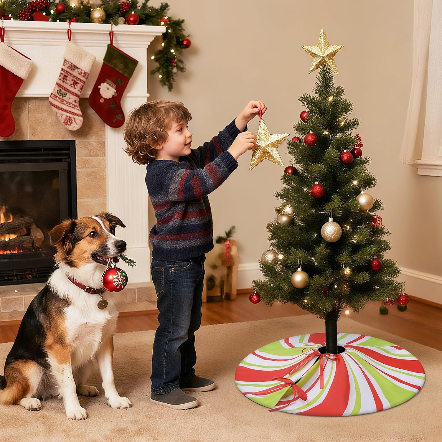 yuboo 24 Inch Red and Green Spiral Tree Skirt - Mini Peppermint Candy Xmas Tree Mat for 2-4 FT Tabletop Slim Artificial Trees, Lollipop Christmas Tree Decorations