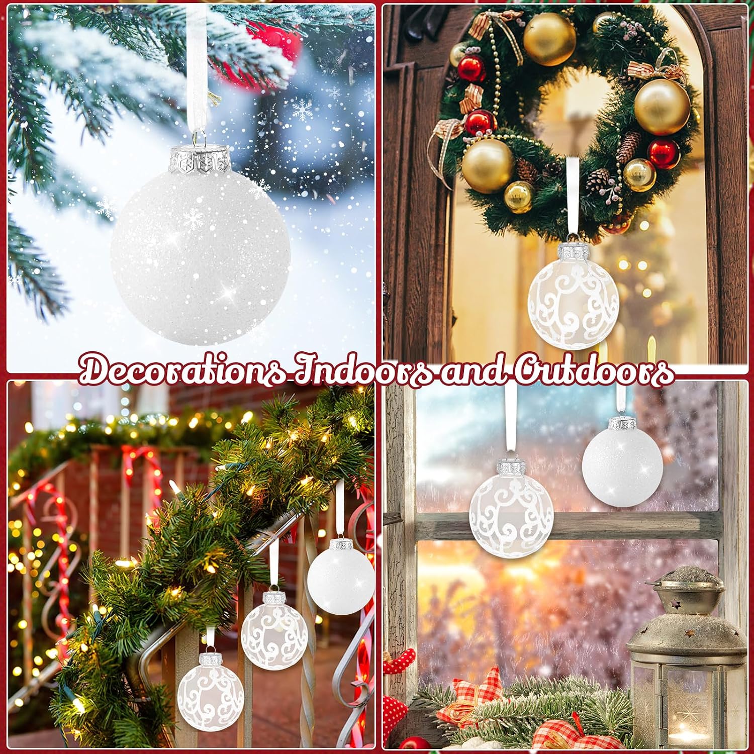 Halloscume 12 Pcs Large Glitter Christmas Ornaments Balls, 3.15 Inch Plastic Hanging Christmas Tree Ball, Glitter Snowball & White Swirl Transparent with White Ribbon for Xmas Tree Home Wedding Party