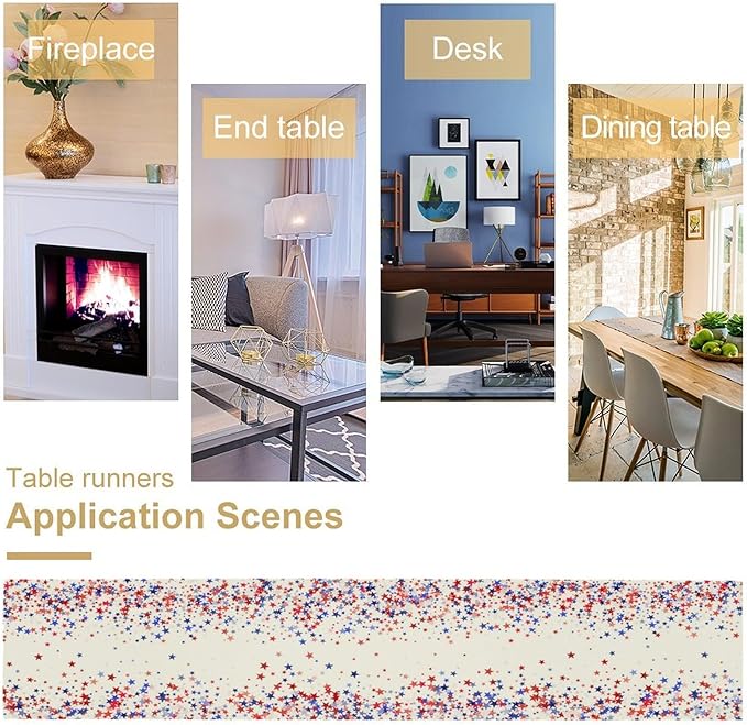 Independence Day Table Runner, 4th of July Red Blue Stars American President Day Holiday Confetti Print Table Cover for Kitchen Dining Table Indoor Outdoor Party, 13x60inch