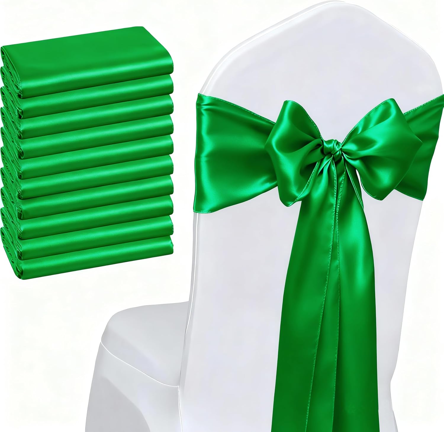Pack of 50 Satin Green Chair Sashes Bows 7x108 Inches Chair Ribbons Ties for Wedding Party Birthday Anniversary Ceremony Bridal Shower Christmas Events Decor