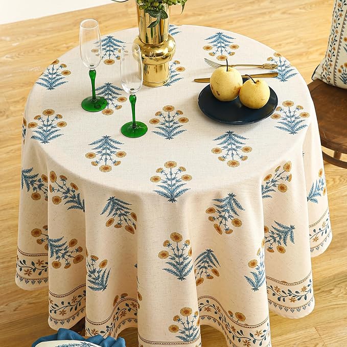 ISAENNE Designer French Pale Yellow Round Tablecloth,Linen Floral Table Cloth,Wrinkle Resistant Decor Tablecloths for Dining Thanksgiving Banquet Kitchen Party,Diameter 67"-Estevan A