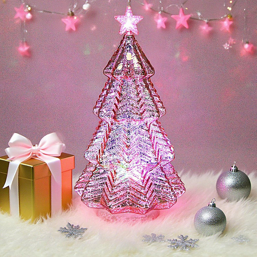 mercury glass christmas tree lights,lighted swirling colorful glass, side view