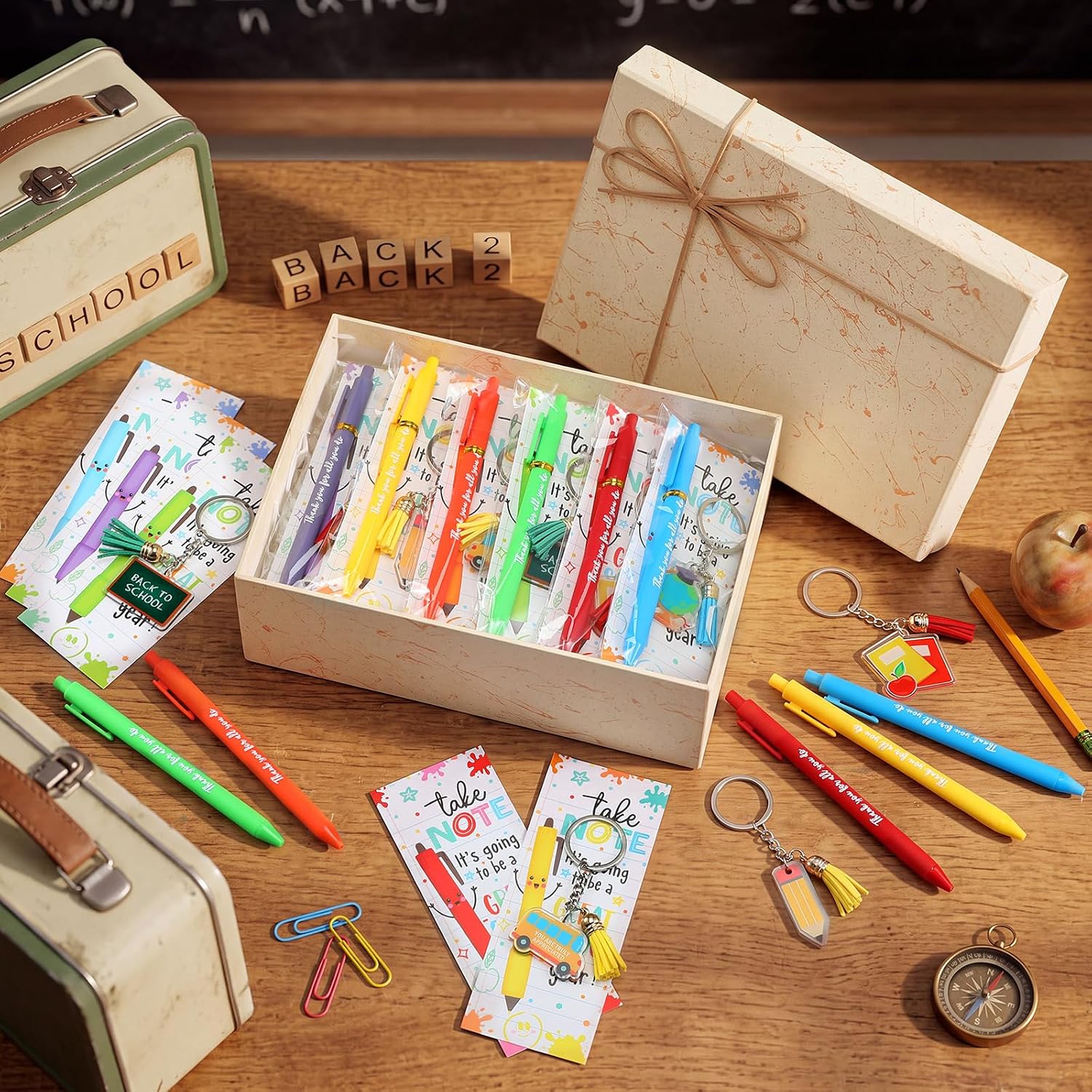 72 Pcs Back to School Gifts for Students First Day of School Gifts Set Classroom Welcome Favors with Keychain Ballpoint Pen Cards for Party Favor Exchange Gift