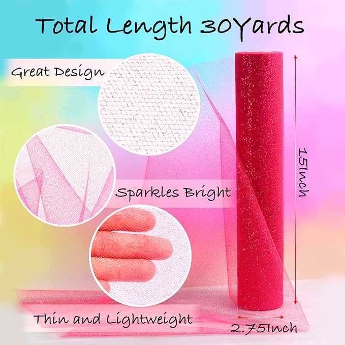 Sparkling Tulle Rolls, 15” by 30 Yards (90FT) Glitter Tulle Spool Ribbon Fabric for Wedding Birthday Bridal Shower Tutu Skirt Party Gift Wrapping (Fuchsia)