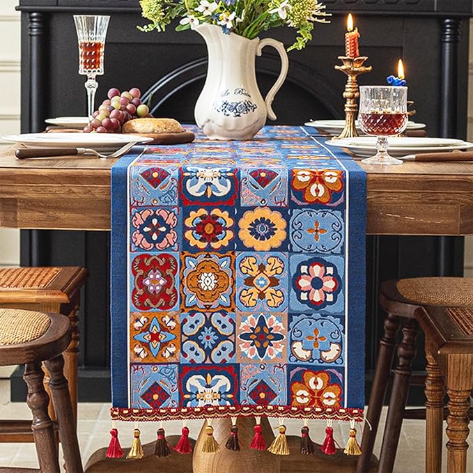 13×72 Inch Table Runner, Retro-Luxury Tassels Series for Kitchen Dining Table Holiday Decoration (Ethnic Blue)