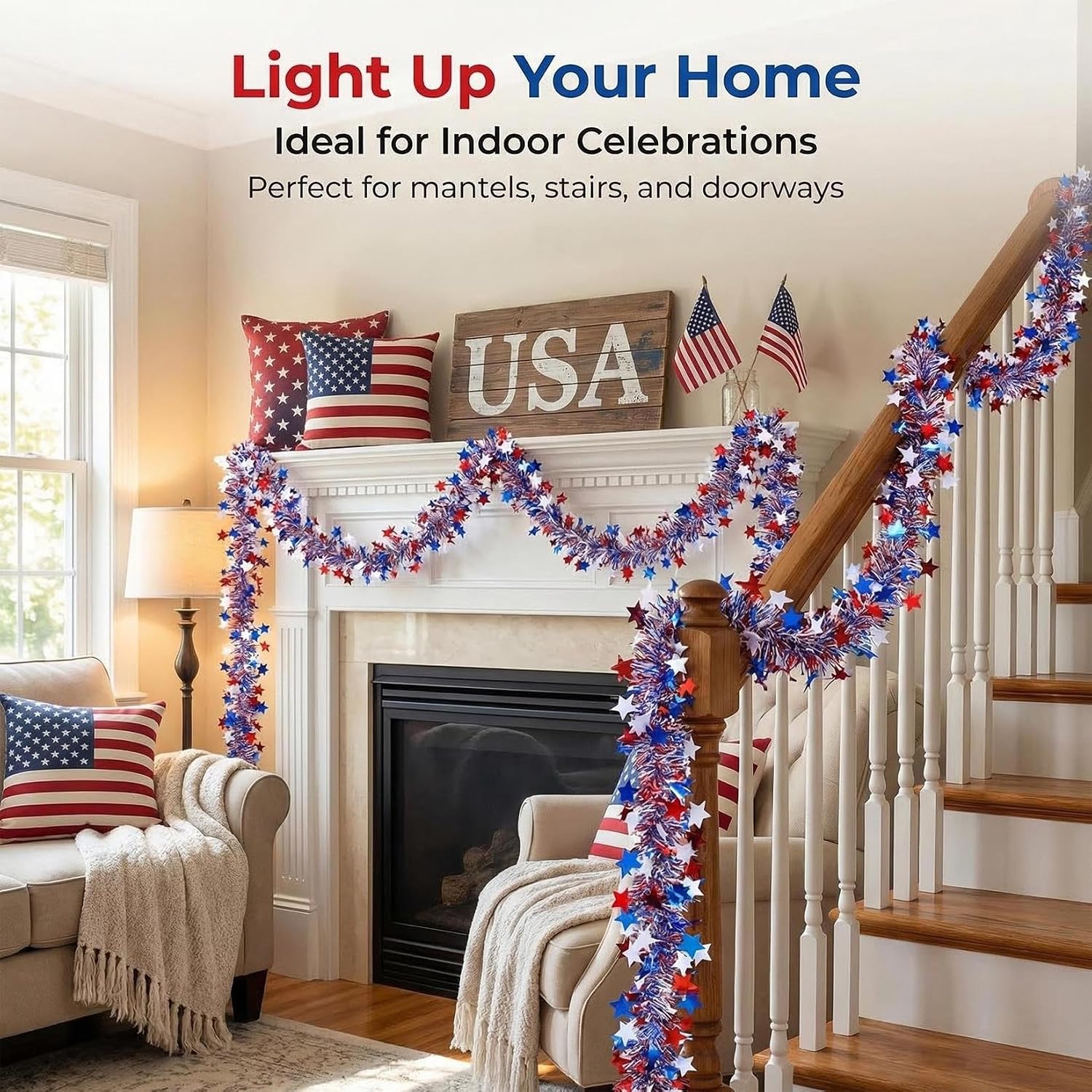 RAINFLOW Patriotic Tinsel Garland 4th of July Decorations - 5 Pack 32.8FT Red White Blue Star Metallic Decor for Parade Golf Cart Car Tree Party Outdoor Independence Day Memorial Day