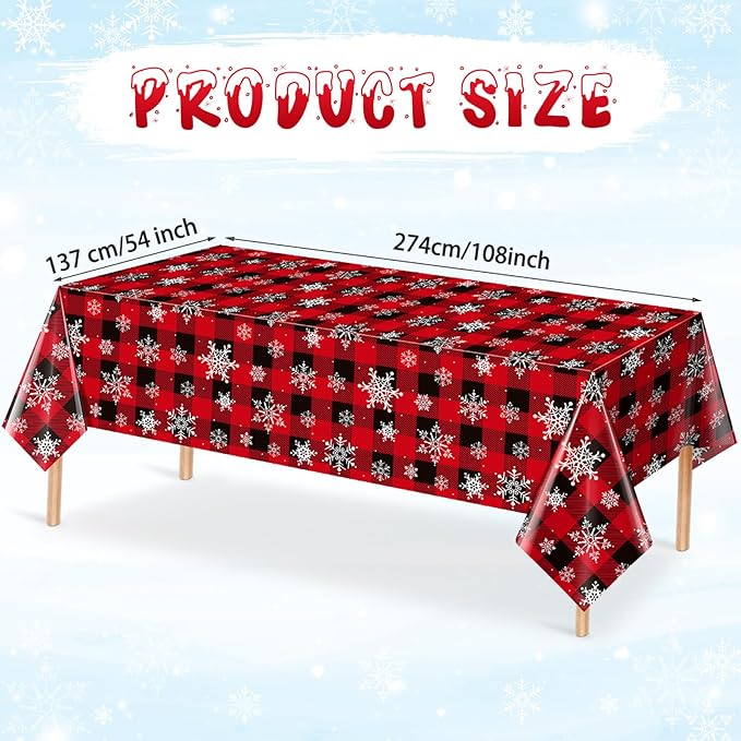 8 Pieces Red and Black Buffalo Plaid Merry Christmas Party Tablecloth Decorations,Plastic White Snowflake Buffalo Plaid Sign Table Cover for Winter Christmas Holiday Party Supplies,54x108 inch