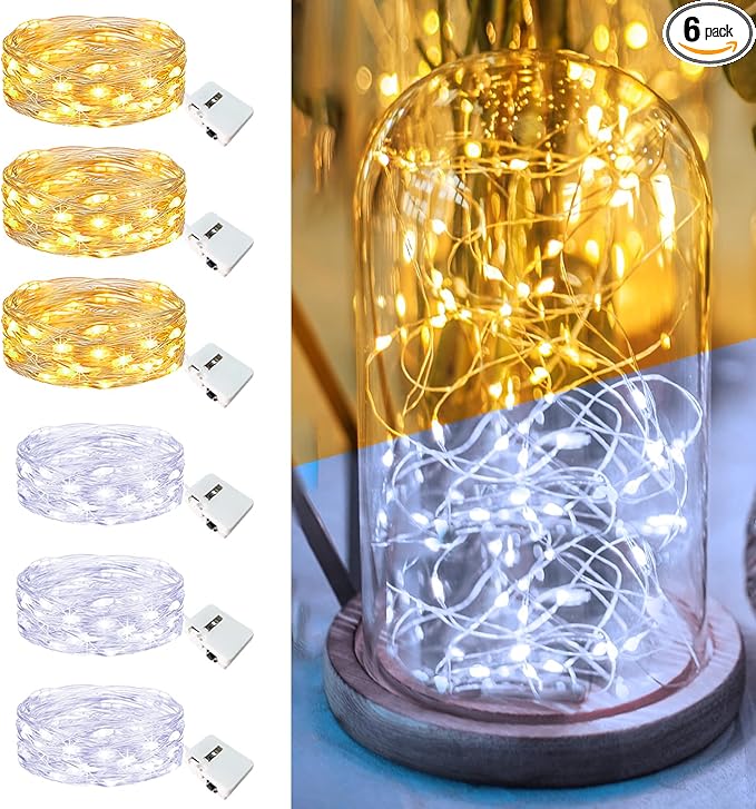 6 Pack Fairy Lights Battery Operated - 7ft 20 Led Twinkle Lights 3 Modes, Bulk Mini String Lights Waterproof for Mason Jars Vases DIY Party Wedding-Warm White & Cold White