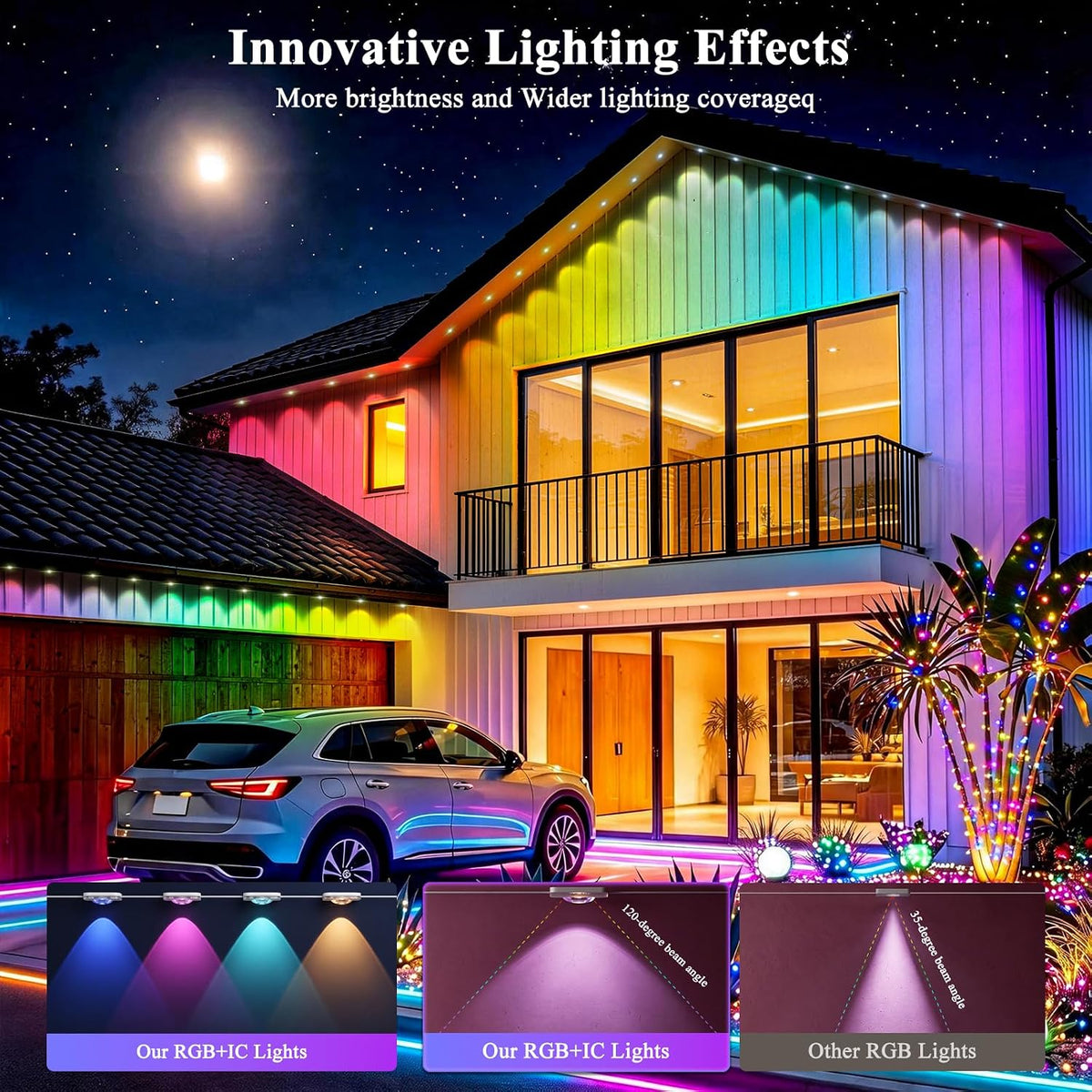300FT RGB+IC Permanent Outdoor Lights, IP67 Waterproof, Smart App/Remote Cont...