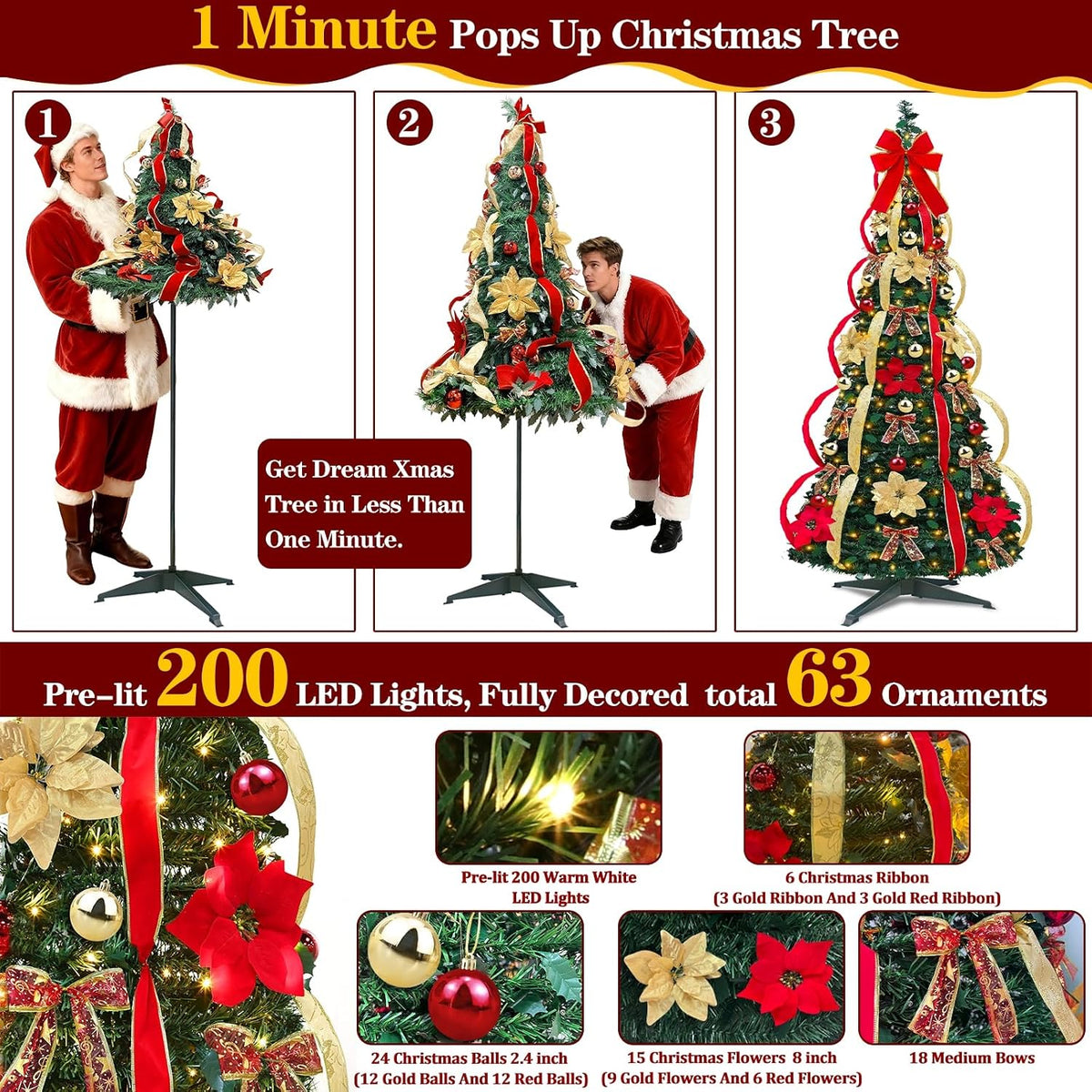 6.5 ft pop up christmas tree,prelit 200 warm shown in use