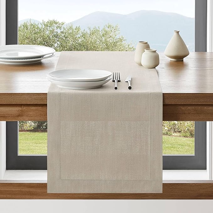 ZeeMart Linen Textured Border Table Runner, 14 x 36 Inch Natural, Farmhouse Style Neutral Table Runners 36 Inches Long, Easy Care Everyday Polyester Table Runner