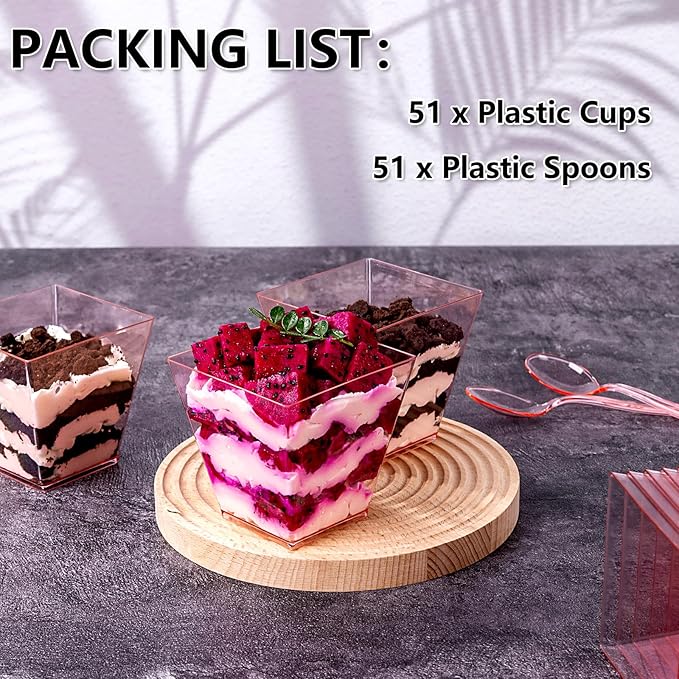 YOUBET 102 PCS Plastic Dessert Cups - 8oz Pink Clear Square Cups - 51 Pack Mini Appetizer Cup with Pink Tasting Spoons for Pudding, Fruit, Yogurt Parfait and Ice Cream