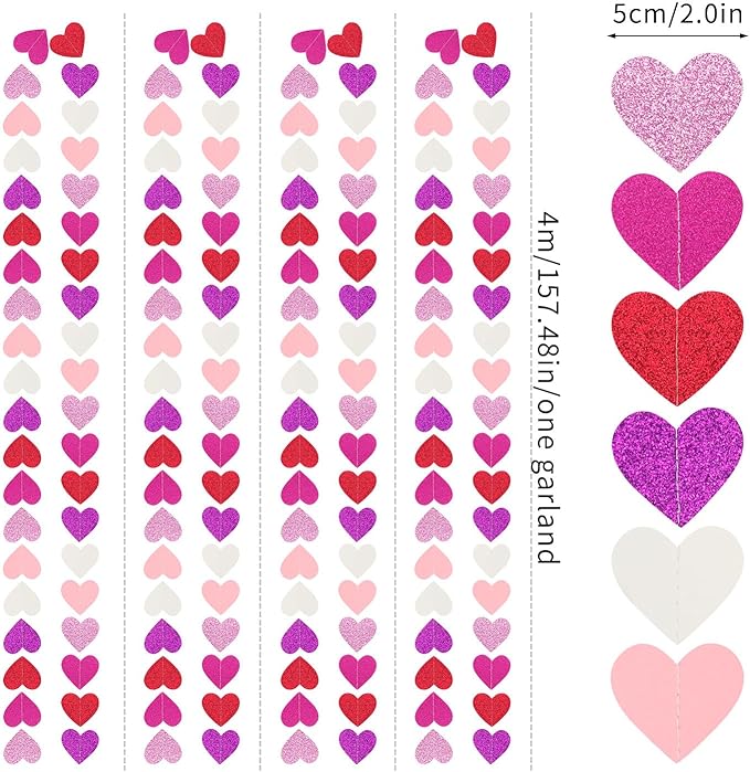 Purple Hot-Pink Red Party-Decoration Heart-Garland - 52ft Galentines Hanging Paper Streamers Banner, Proposal Anniversary Romantic Birthday Baby Shower Rustic Wedding Decor Hugfond