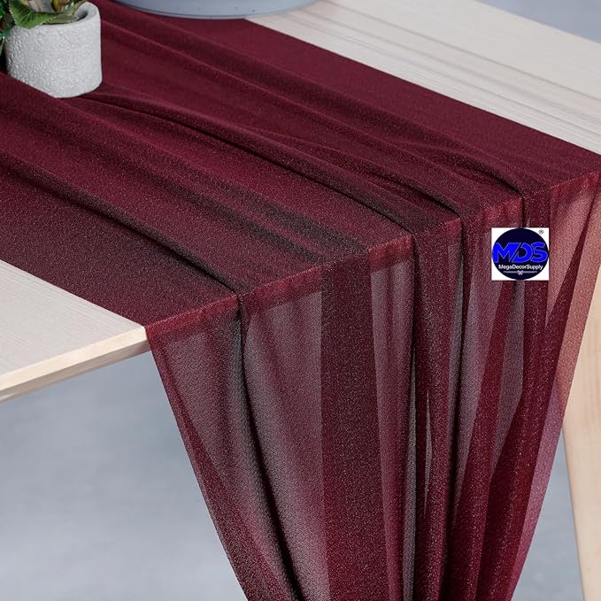 MDS 25 Pack 10ft Chiffon Table Runner 29 x 120 Inches Sheer Wedding Runner Romantic Rustic Table Runner for Wedding Decorations, Birthday Parties, Bridal Shower Party Arch Decor - Burgundy